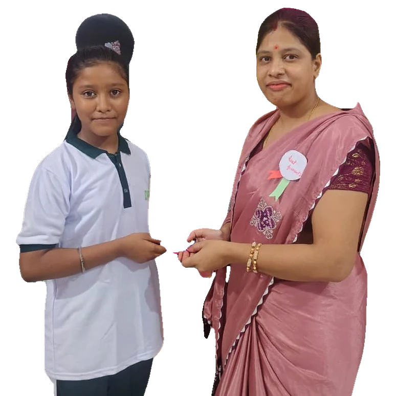 A teacher greeting a student at the Happy Parents celebration
